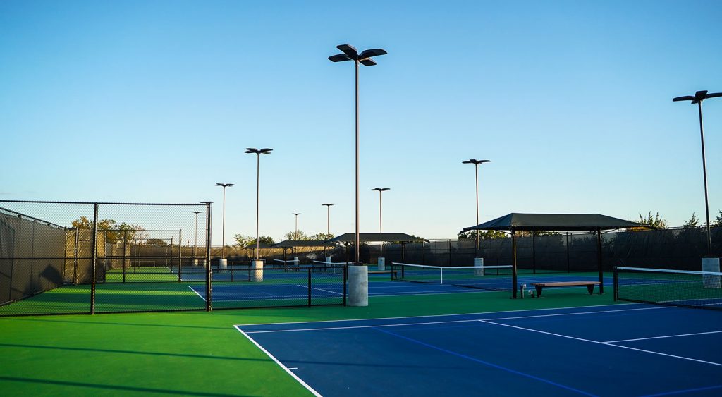 A brand new amenity for JCC members, the Hurt Family Tennis Center’s six lit tennis courts provide opportunities for a year-round programs. Courts include lines for adult and youth tennis and pickleball. Youth and adults will enjoy lessons, clinics, camps and leagues. Credit: Dave Hawks