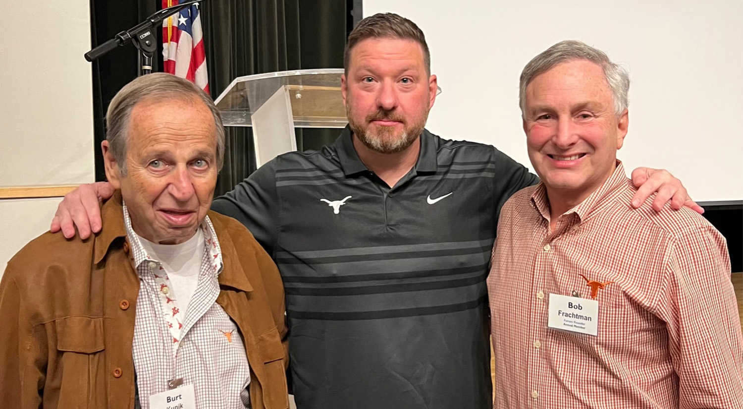 Burt Kunik, Coach Chris Beard and Bob Frachman at JAMen event on October 26, 2022.