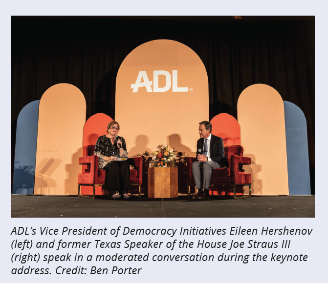ADL’s Vice President of Democracy Initiatives Eileen Hershenov (left) and former Texas Speaker of the House Joe Straus III (right) speak in a moderated conversation during the keynote address. Credit: Ben Porter