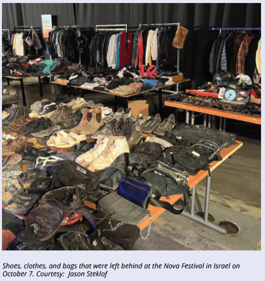 Shoes, clothes, and bags that were left behind at the Nova Festival in Israel on October 7. Courtesy:  Jason Steklof