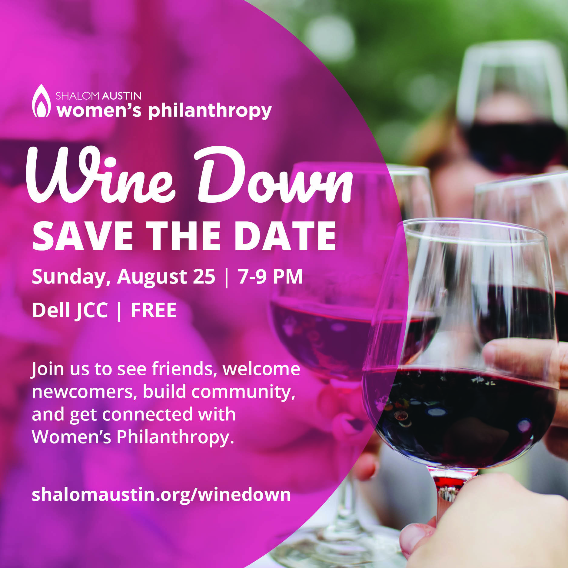 An image of wine glasses promoting Shalom Austin Women's Philanthropy's Wine Night event