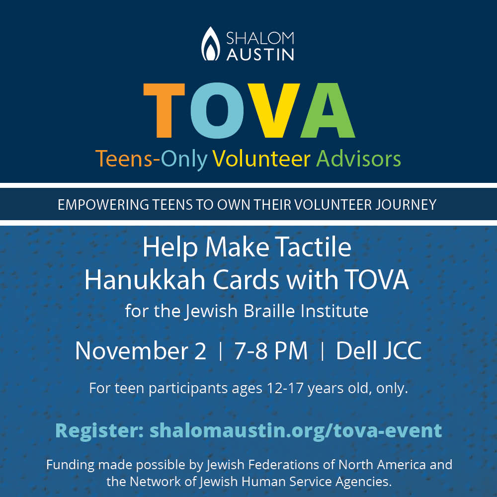 Teens, ages 12-17, are invited to join TOVA leader's in their inaugural volunteer event making tactile Hanukkah cards for the Jewish Braille Institute.
